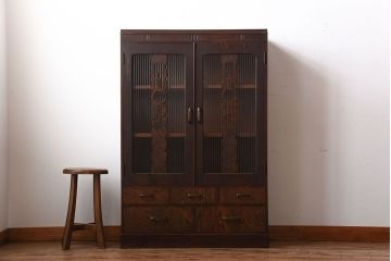 レトロ家具　昭和レトロ　モールガラス入り!古い木製の引き出し付きアンティーク本箱