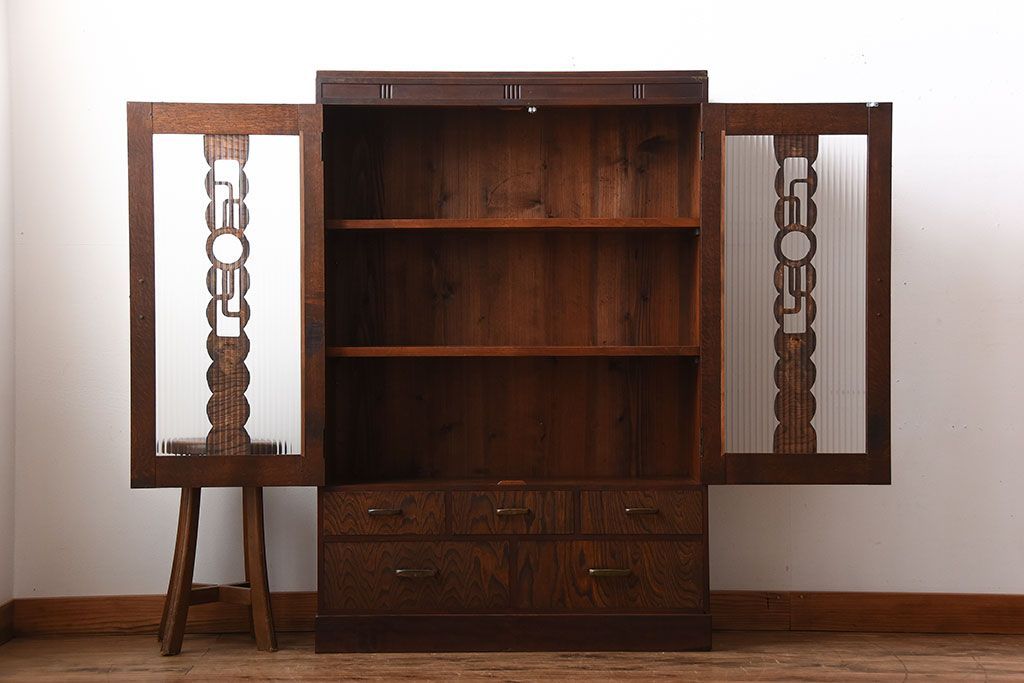 レトロ家具　昭和レトロ　モールガラス入り!古い木製の引き出し付きアンティーク本箱