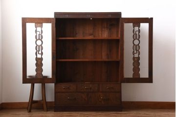 レトロ家具　昭和レトロ　モールガラス入り!古い木製の引き出し付きアンティーク本箱