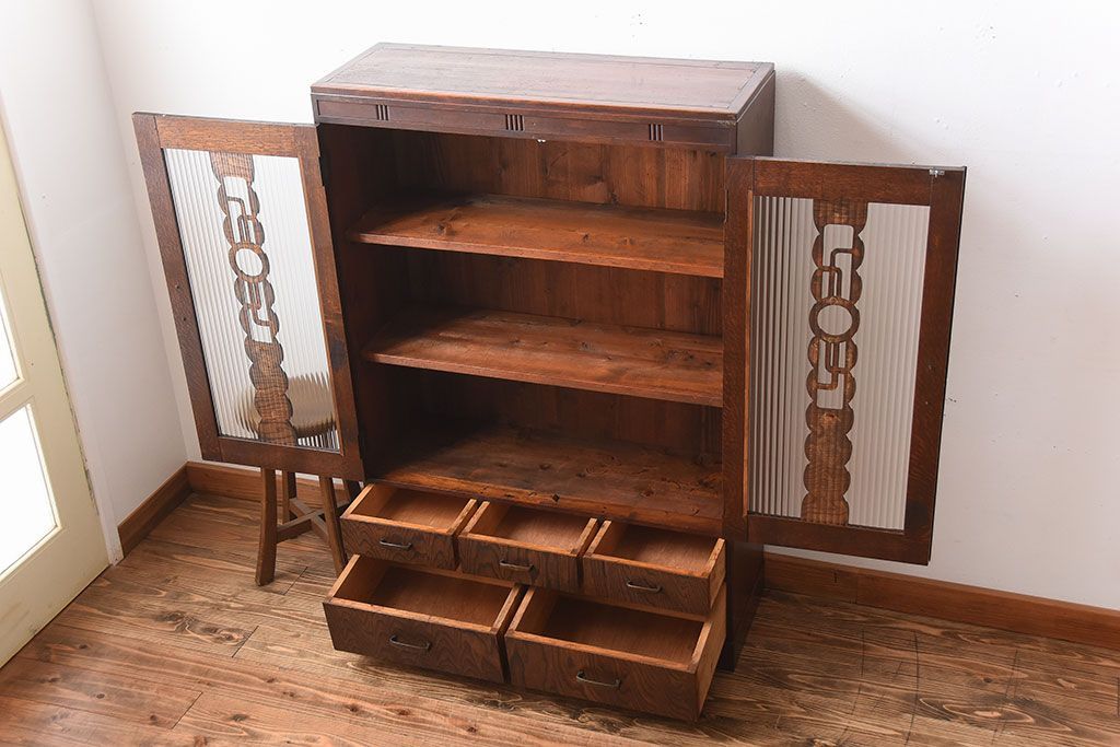 レトロ家具　昭和レトロ　モールガラス入り!古い木製の引き出し付きアンティーク本箱