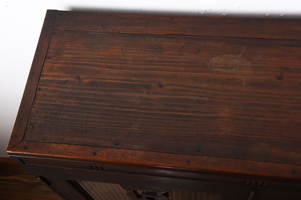 レトロ家具　昭和レトロ　モールガラス入り!古い木製の引き出し付きアンティーク本箱