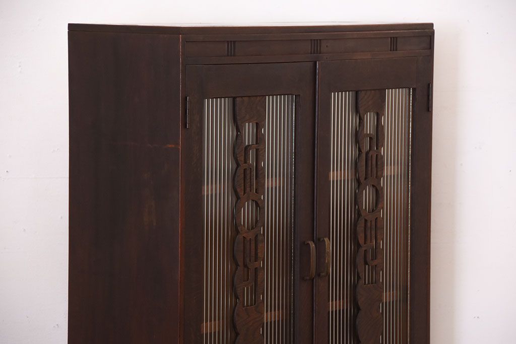 レトロ家具　昭和レトロ　モールガラス入り!古い木製の引き出し付きアンティーク本箱