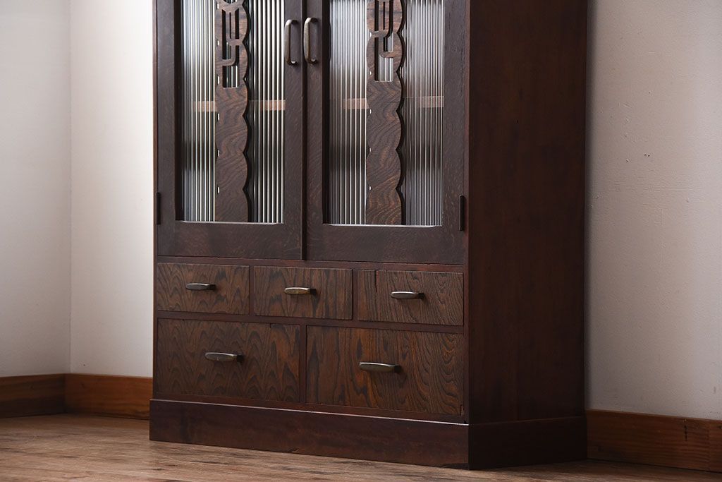 レトロ家具　昭和レトロ　モールガラス入り!古い木製の引き出し付きアンティーク本箱