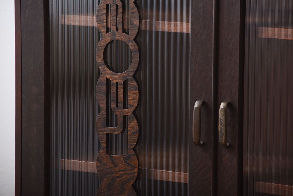 レトロ家具　昭和レトロ　モールガラス入り!古い木製の引き出し付きアンティーク本箱