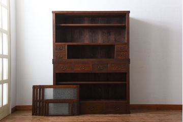 アンティーク家具　古民具・骨董　結霜ガラス入り!前面欅材の高級変わり型収納棚