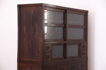 アンティーク家具　古民具・骨董　結霜ガラス入り!前面欅材の高級変わり型収納棚