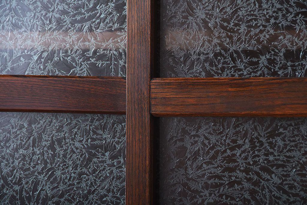 アンティーク家具　古民具・骨董　結霜ガラス入り!前面欅材の高級変わり型収納棚