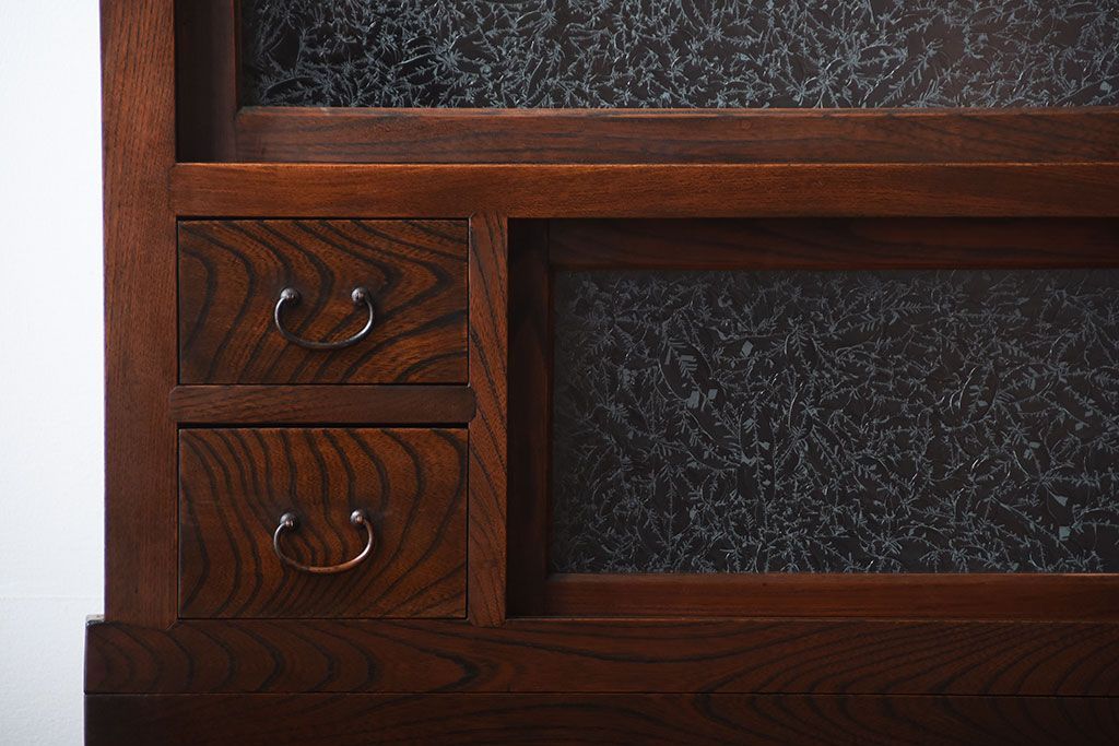 アンティーク家具　古民具・骨董　結霜ガラス入り!前面欅材の高級変わり型収納棚