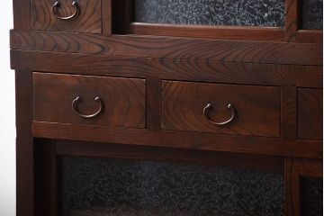 アンティーク家具　古民具・骨董　結霜ガラス入り!前面欅材の高級変わり型収納棚