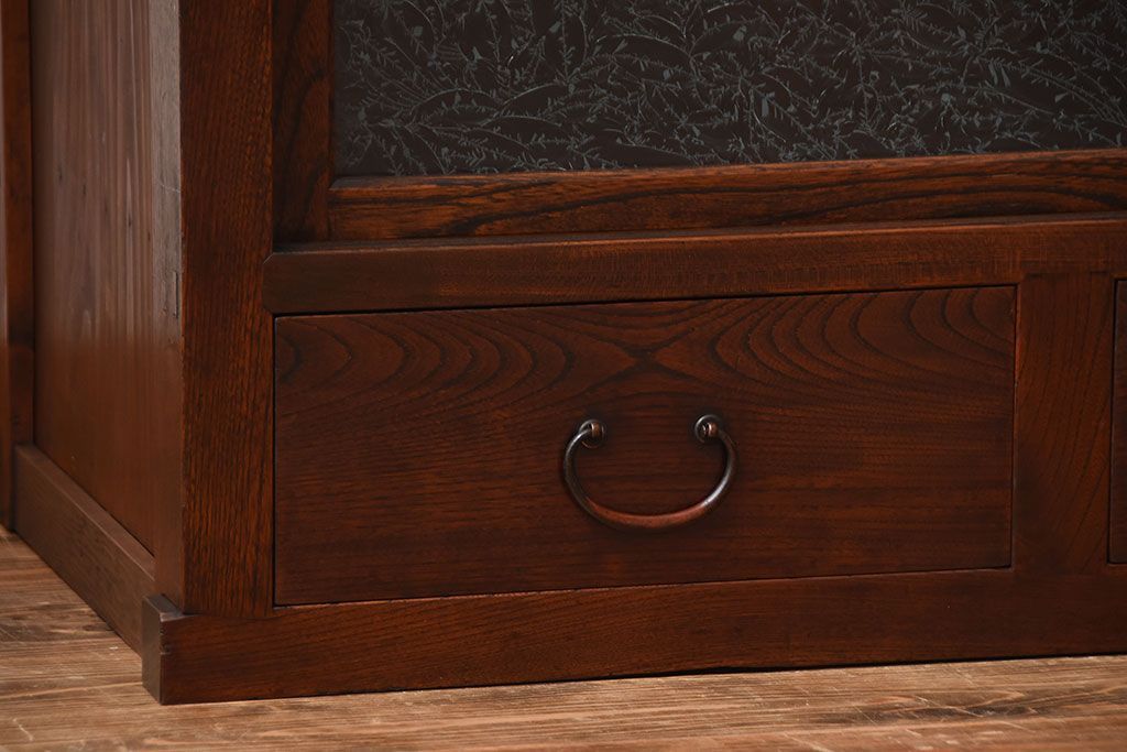 アンティーク家具　古民具・骨董　結霜ガラス入り!前面欅材の高級変わり型収納棚