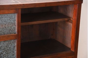 アンティーク家具　古民具・骨董　結霜ガラス入り!前面欅材の高級変わり型収納棚