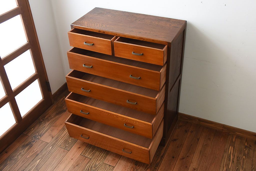 レトロ家具　昭和レトロ　シンプルな古い木製のアンティークチェスト(2)