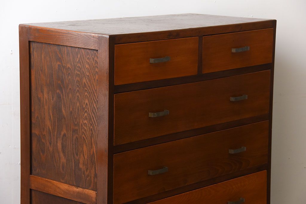 レトロ家具　昭和レトロ　シンプルな古い木製のアンティークチェスト(2)