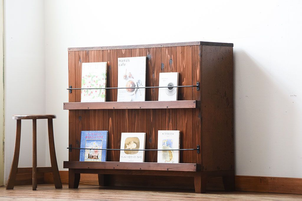 アンティーク家具　アンティーク　ブックラック付き!古い木製のマス目本棚(1)