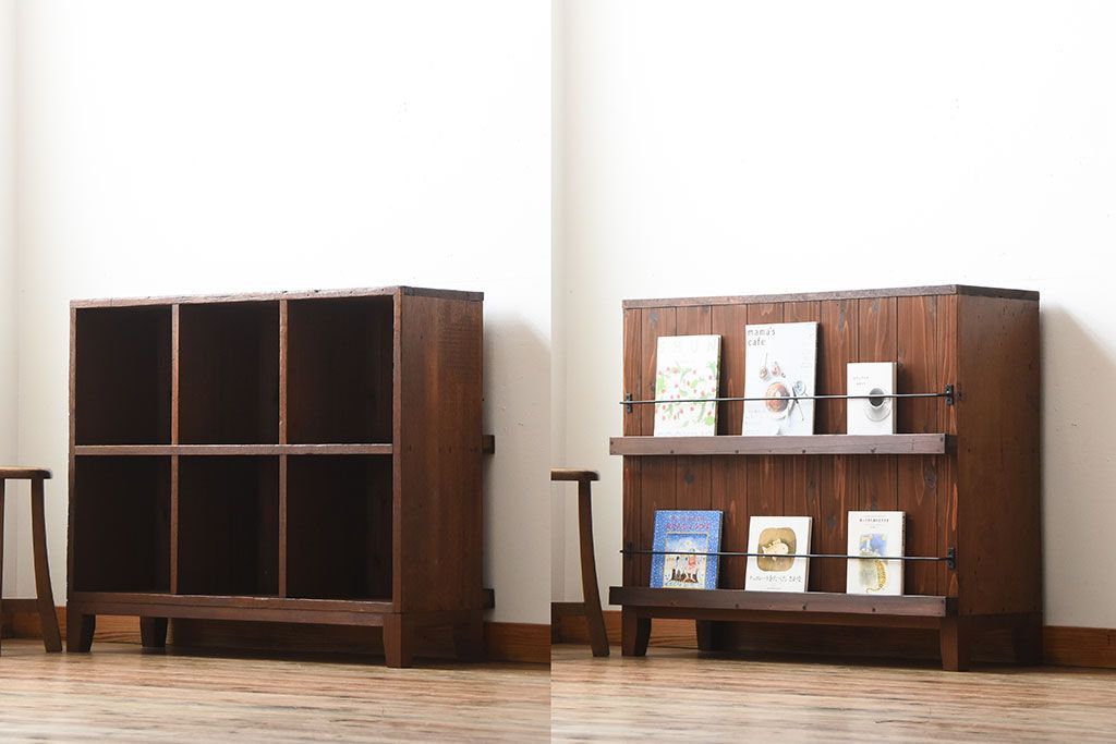 アンティーク家具　アンティーク　ブックラック付き!古い木製のマス目本棚(2)