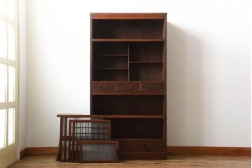 アンティーク家具　和製アンティーク　ダイヤガラス入り!古い木製の2段重ね収納棚