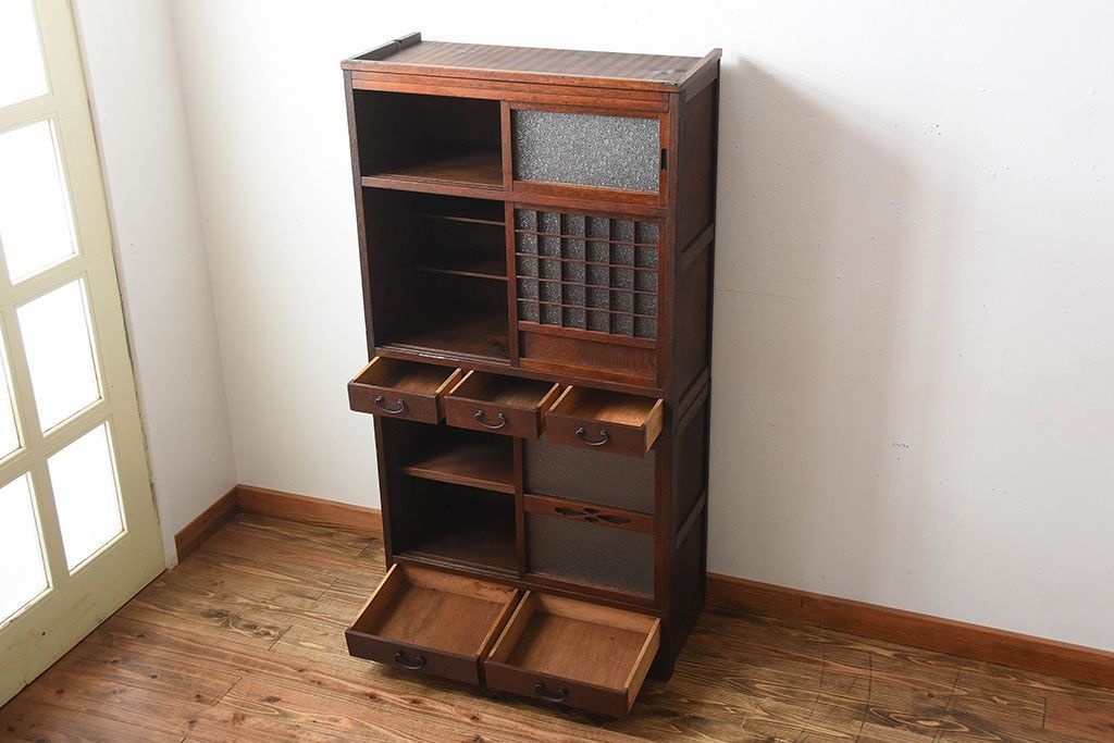 アンティーク家具　和製アンティーク　ダイヤガラス入り!古い木製の2段重ね収納棚