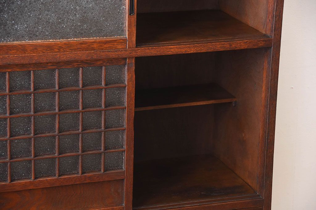 アンティーク家具　和製アンティーク　ダイヤガラス入り!古い木製の2段重ね収納棚