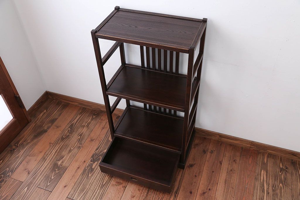 中古　引き出し付き!モダンなデザインの民芸家具風飾り棚