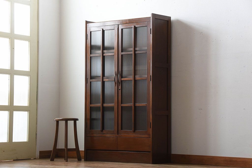 アンティーク家具　アンティーク　モールガラス入り!古い木製の引き出し2杯付き本箱