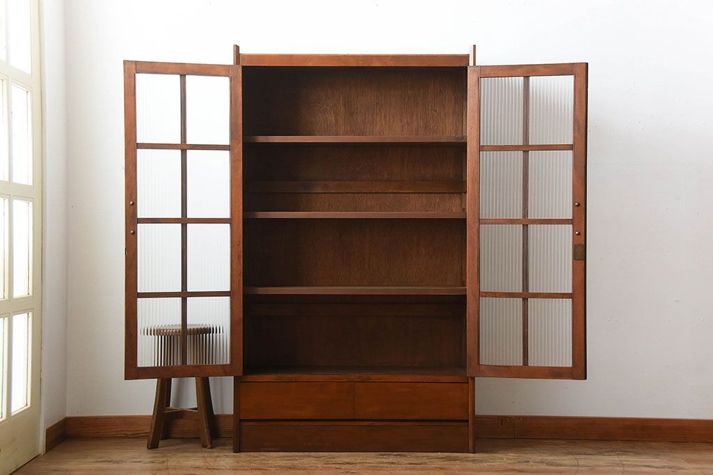 アンティーク家具　アンティーク　モールガラス入り!古い木製の引き出し2杯付き本箱