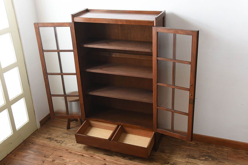 アンティーク家具　アンティーク　モールガラス入り!古い木製の引き出し2杯付き本箱