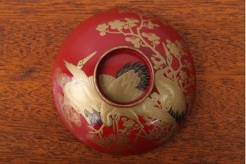 アンティーク雑貨　アンティーク　朱梅松鶴高蒔絵木製椀20客(漆器)