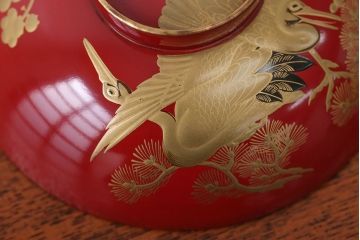 アンティーク雑貨　アンティーク　朱梅松鶴高蒔絵木製椀20客(漆器)
