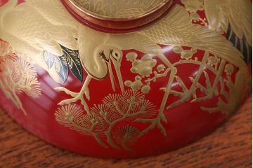 アンティーク雑貨　アンティーク　朱梅松鶴高蒔絵木製椀20客(漆器)