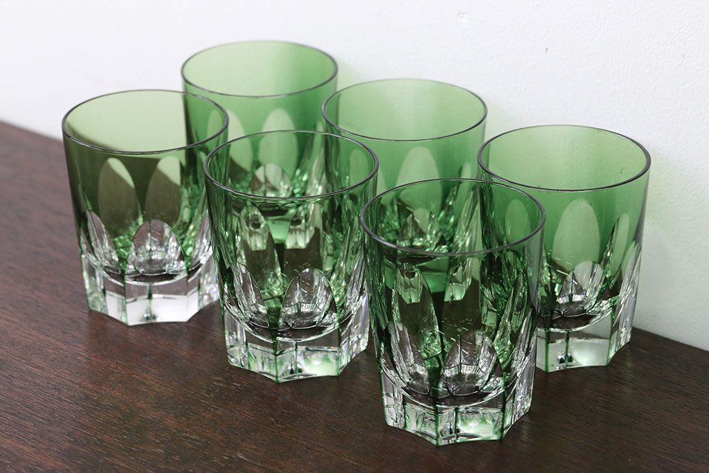 アンティーク雑貨　大正〜昭和初期・緑切子グラス6個(カットガラス)