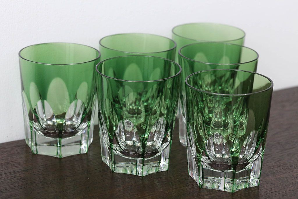 アンティーク雑貨　大正〜昭和初期・緑切子グラス6個(カットガラス)