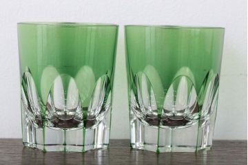 アンティーク雑貨　大正〜昭和初期・緑切子グラス6個(カットガラス)