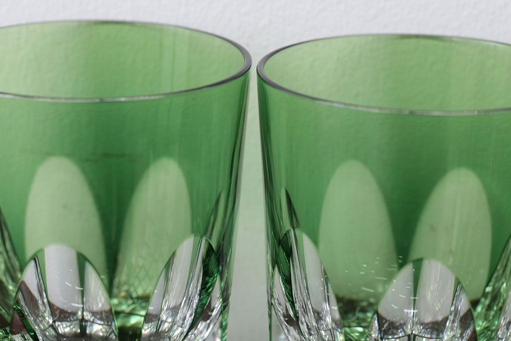 アンティーク雑貨　大正〜昭和初期・緑切子グラス6個(カットガラス)