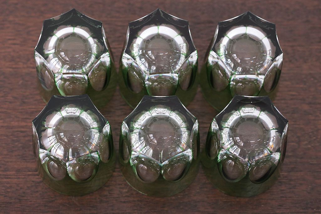 アンティーク雑貨　大正〜昭和初期・緑切子グラス6個(カットガラス)