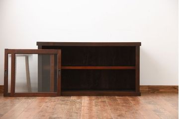 アンティーク家具　和製アンティーク　古い木製のモールガラス引き戸収納棚(1)