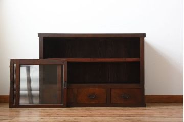 アンティーク家具　和製アンティーク　古い木製のモールガラス引き戸収納棚(2)