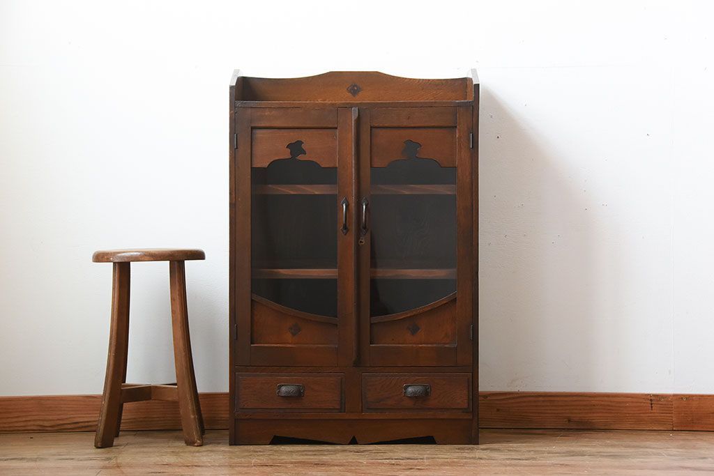 レトロ家具　昭和レトロ　引き出し2杯付き!古い栓材の小ぶりな本箱