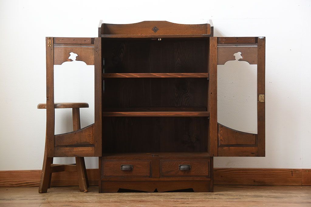 レトロ家具　昭和レトロ　引き出し2杯付き!古い栓材の小ぶりな本箱