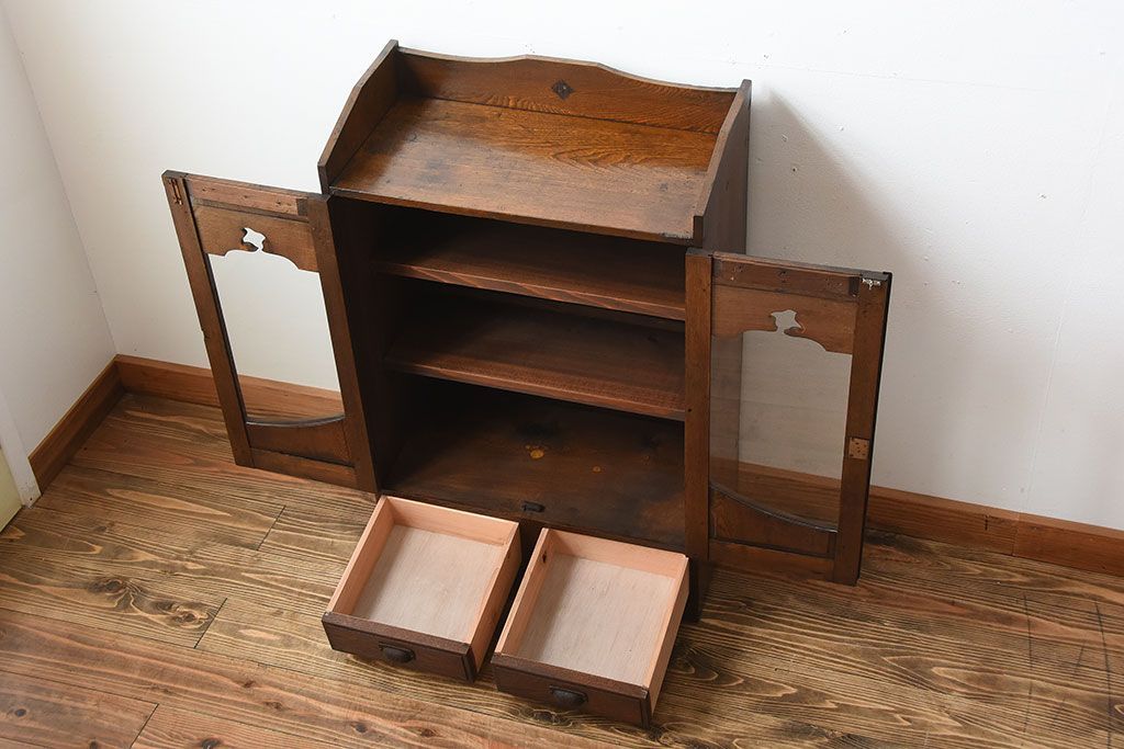 レトロ家具　昭和レトロ　引き出し2杯付き!古い栓材の小ぶりな本箱
