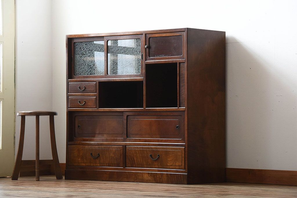 アンティーク家具　和製アンティーク　結霜ガラス入り!欅の無垢材の収納棚