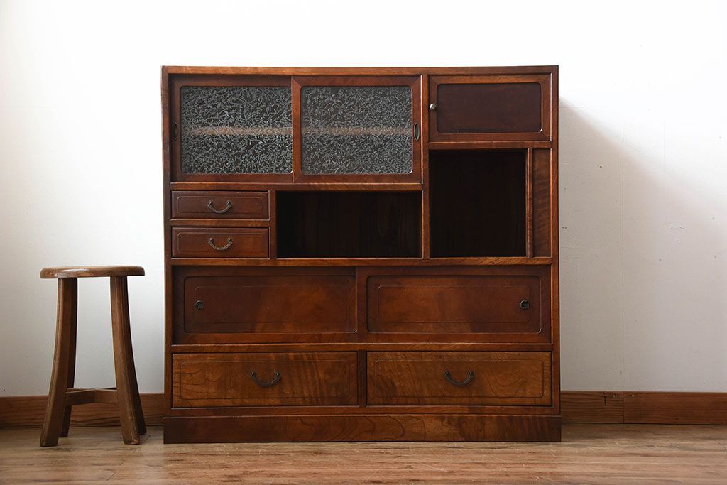 アンティーク家具　和製アンティーク　結霜ガラス入り!欅の無垢材の収納棚