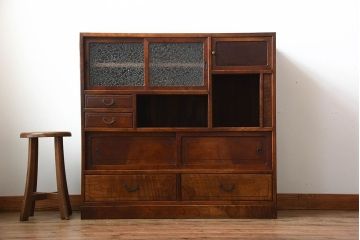 アンティーク家具　和製アンティーク　結霜ガラス入り!欅の無垢材の収納棚