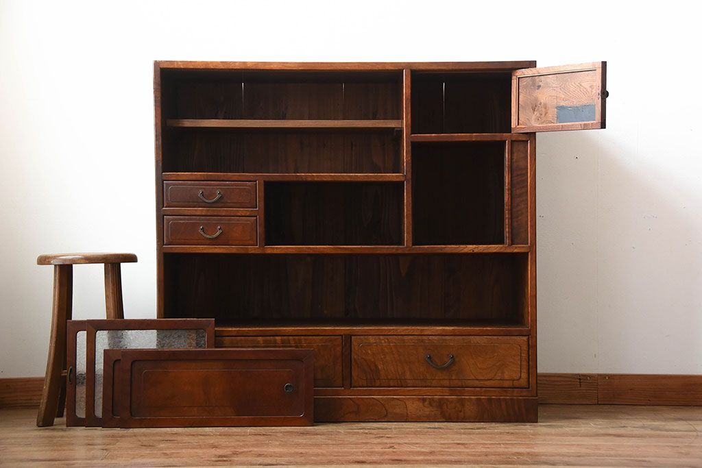 アンティーク家具　和製アンティーク　結霜ガラス入り!欅の無垢材の収納棚