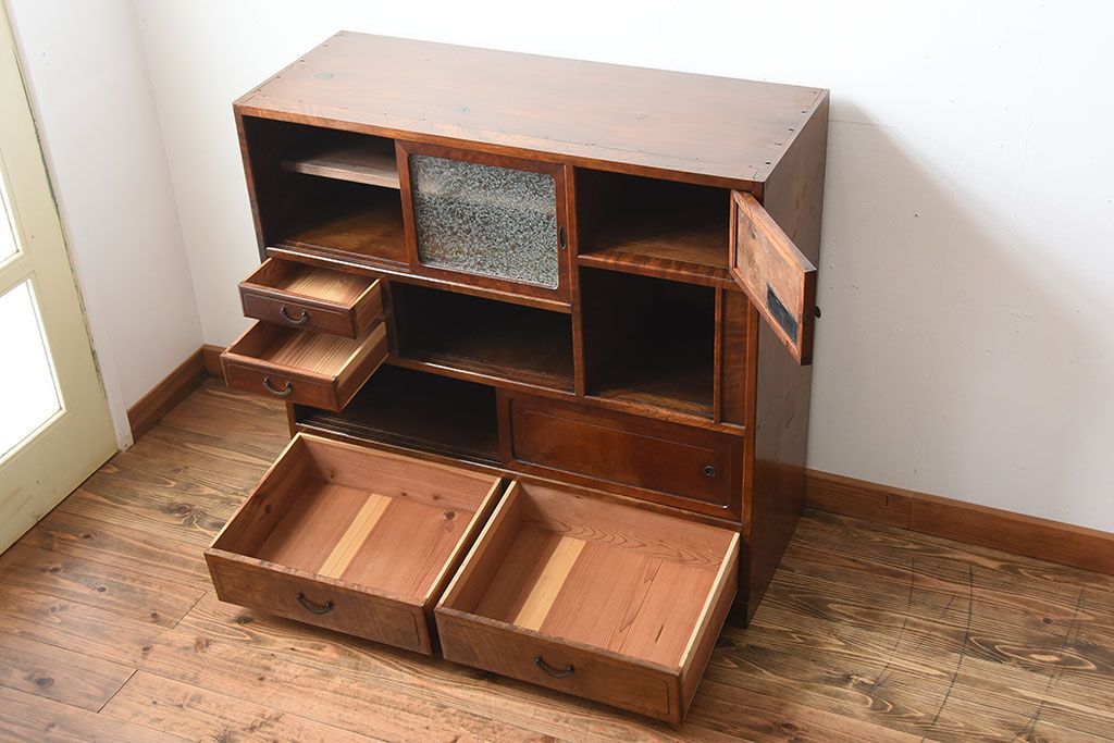 アンティーク家具　和製アンティーク　結霜ガラス入り!欅の無垢材の収納棚