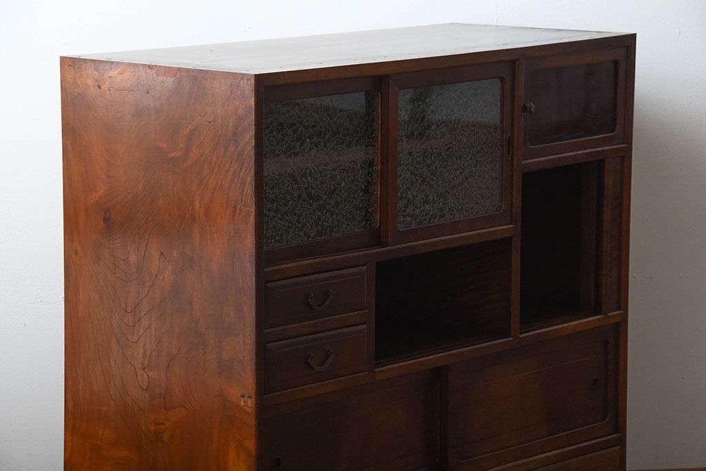 アンティーク家具　和製アンティーク　結霜ガラス入り!欅の無垢材の収納棚