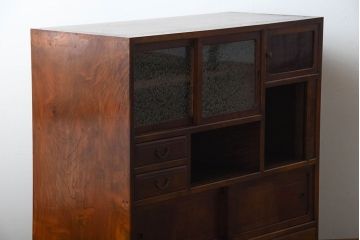 アンティーク家具　和製アンティーク　結霜ガラス入り!欅の無垢材の収納棚