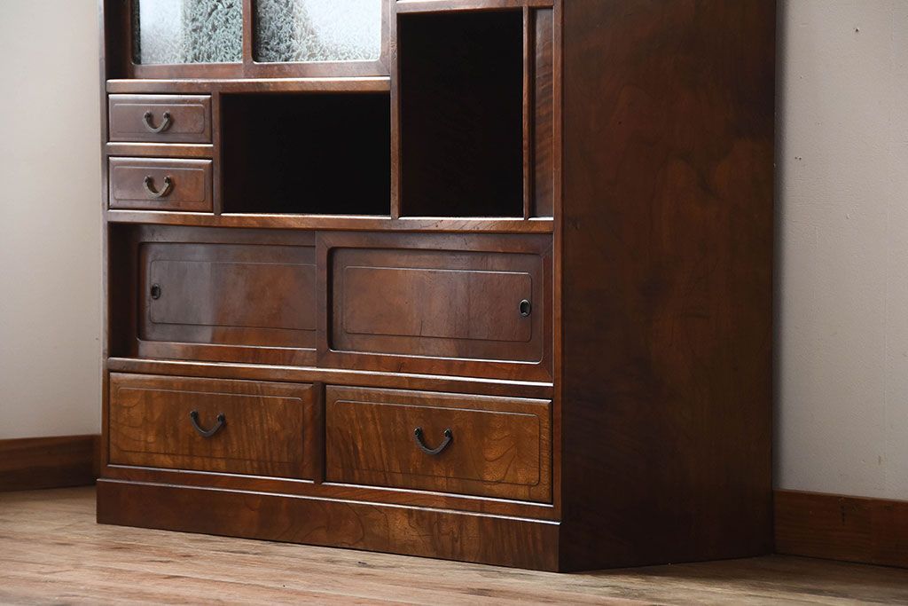 アンティーク家具　和製アンティーク　結霜ガラス入り!欅の無垢材の収納棚