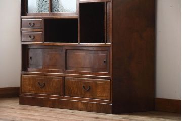 アンティーク家具　和製アンティーク　結霜ガラス入り!欅の無垢材の収納棚