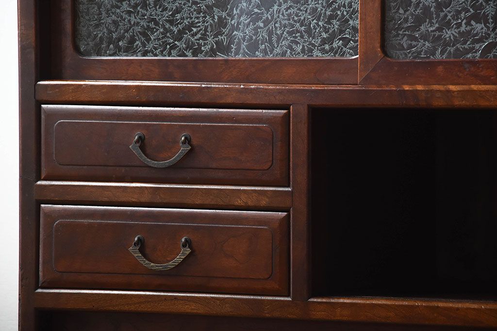 アンティーク家具　和製アンティーク　結霜ガラス入り!欅の無垢材の収納棚