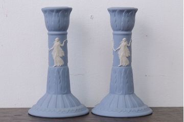 アンティーク雑貨　イギリスアンティーク　Wedgwood(ウェッジウッド)・ジャスパー・キャンドルホルダーペアセット